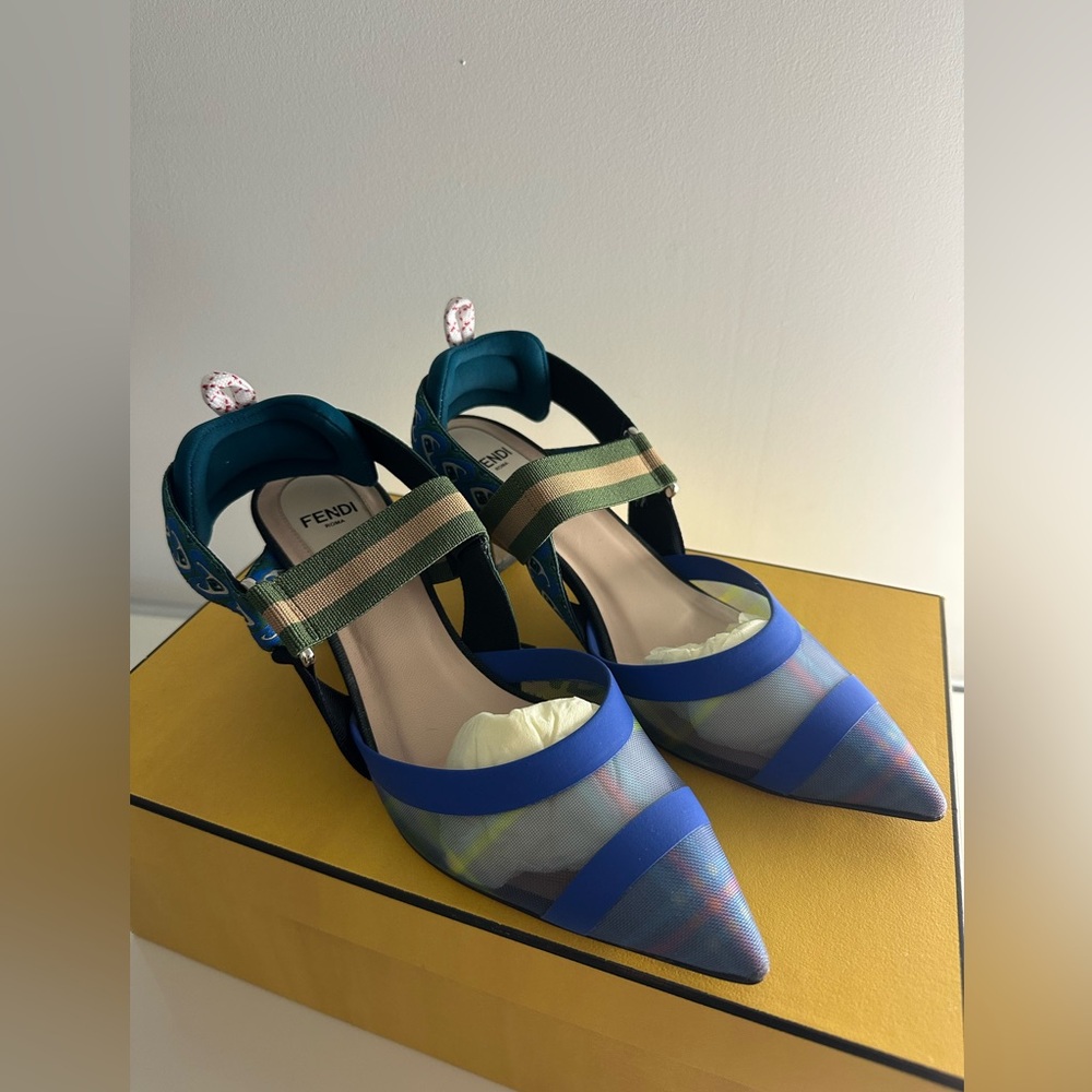 Fendi Colibri Mesh tartan plaid Slingback Pump (low heel) 36 blue/green/silver